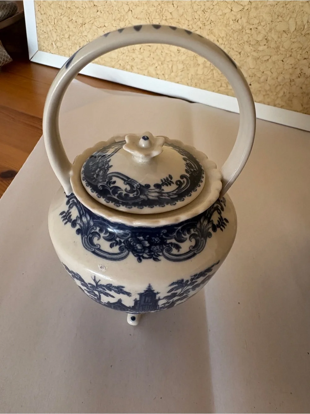 Vintage Blue and White Porcelain Teapot with Handle